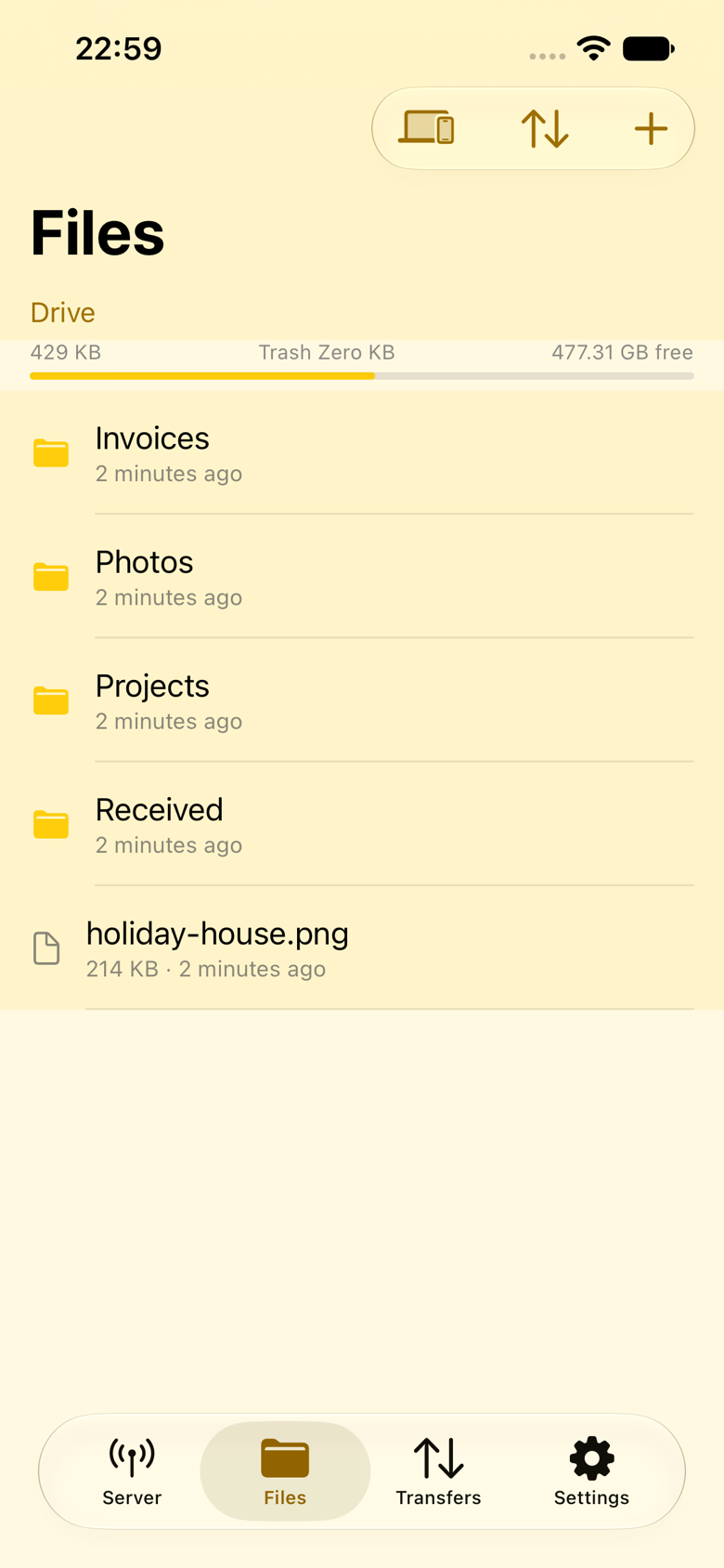Air Drive Files tab with folders, a PNG file and the storage bar