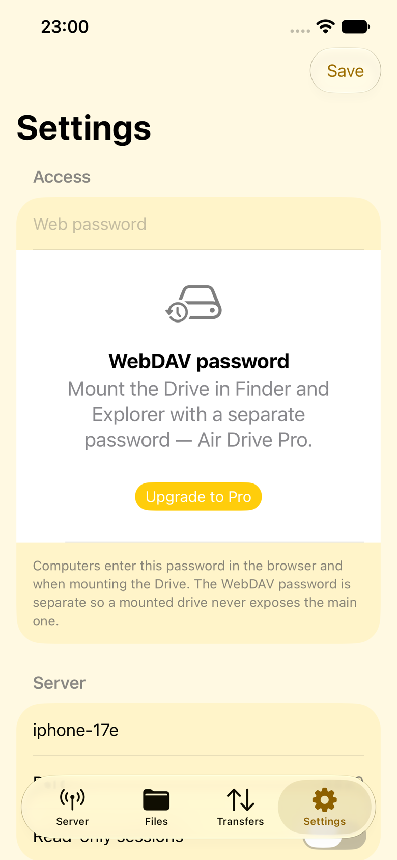 Air Drive Settings showing the Pro-gated WebDAV password field and server options